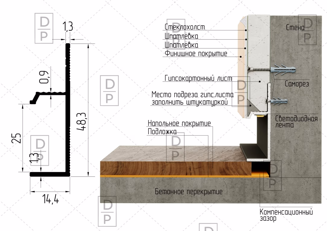 Плинтус с ножкой AP1029 алюминиевый - Теневые плинтусы (Информационный интент)